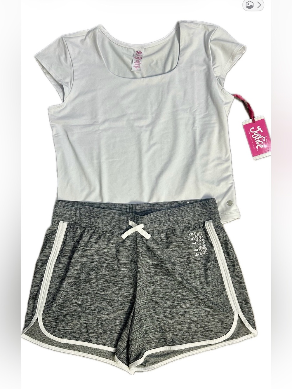 Justice Girls 2-Piece Activewear Set White Top & Gray Shorts Size XLP (16P/18P)